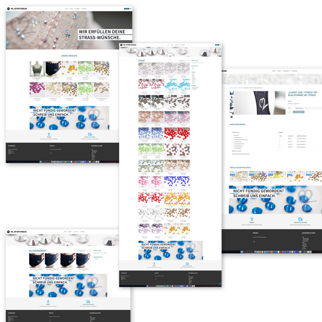 Screenshots der Webseite ML Sportswear mit Bildern und Produkten von Strass und bestrassten Produkten