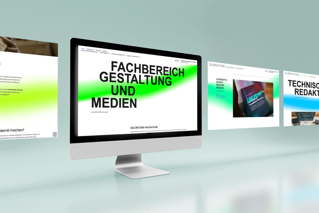 Mockup verschiedener Seiten der Webseite des FB Gestaltung und Medien der DIPLOMA Hochschule auf einem iMac