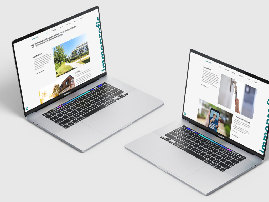 Mockup der Webseite der immoprofis Odenwald mit den Kompetenzbereichen auf einem Macbook