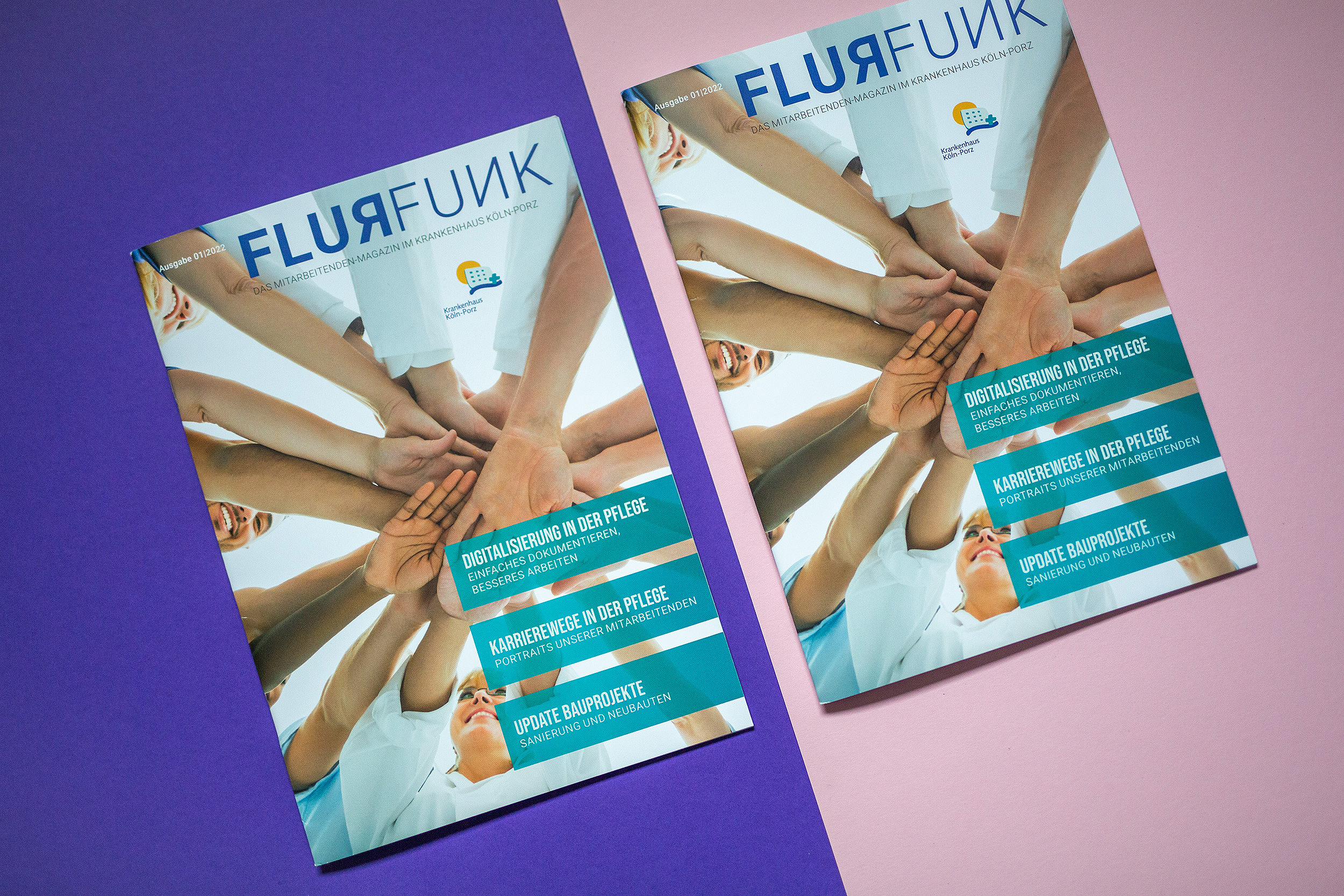 Titelblatt des FLURFUNKs, zwei Magazine auf lila- und rosafarbenem Hintergrund