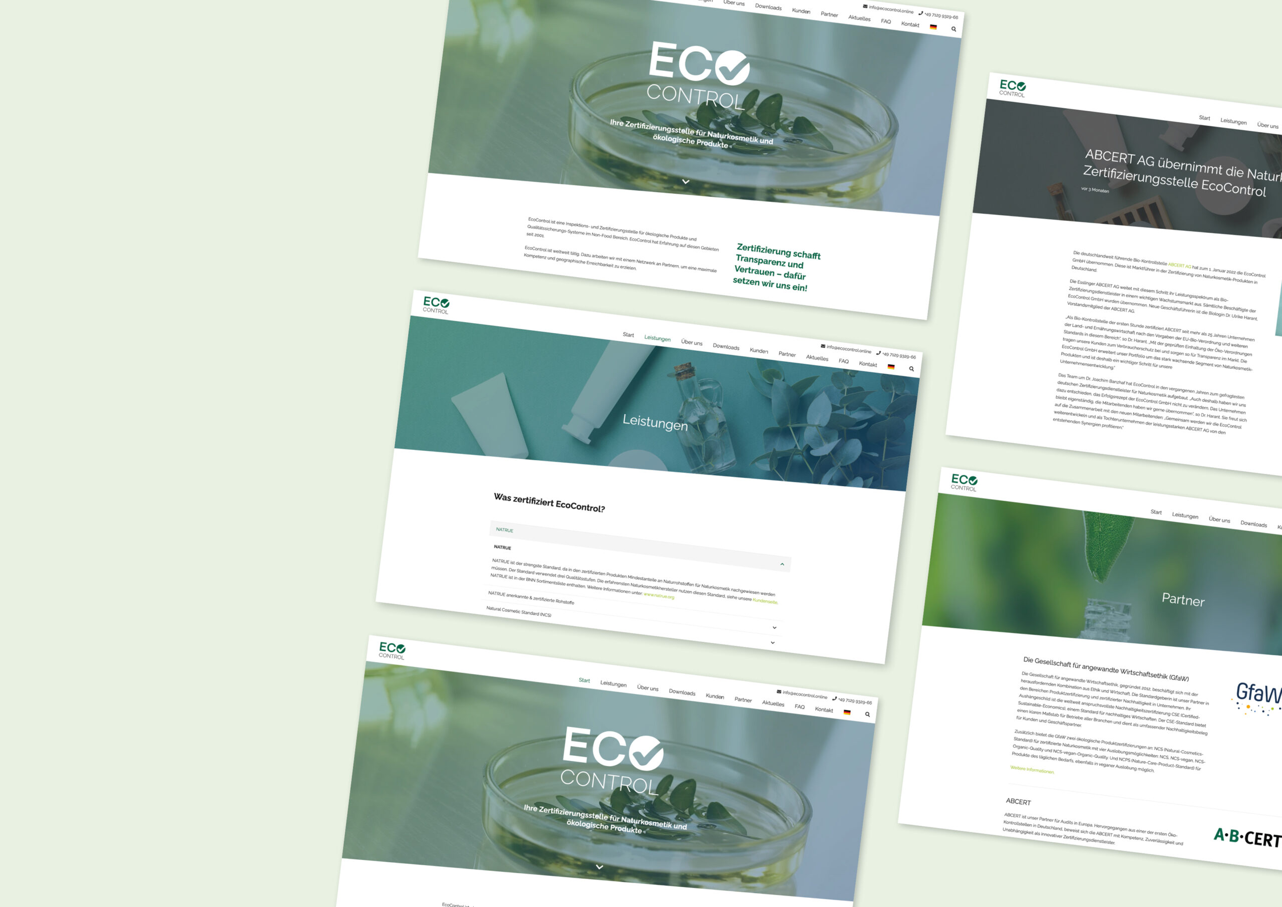 Screenshots der Webseite von Ecocontrol, verschiedene Seitenbereiche auf hellgrünem, passtelligem Hintergrund
