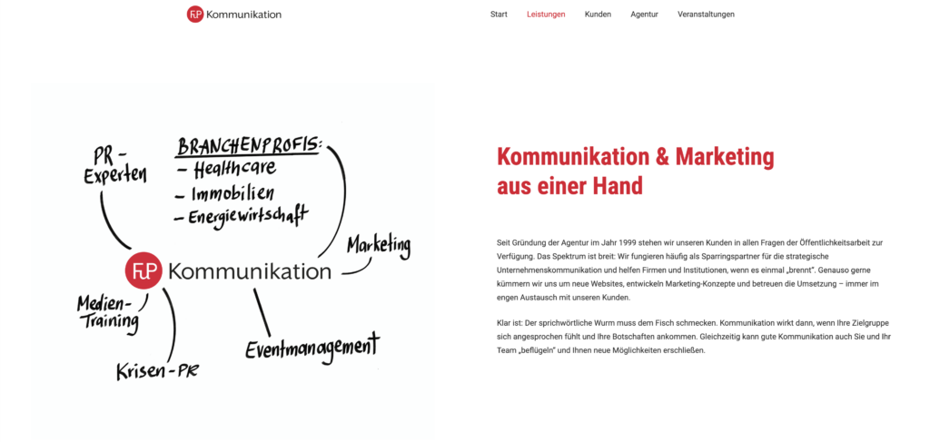 Screenshot der Webseite von FuP Kommunikation mit dem Textbereich Kommunikation und Marketing aus einer Hand
