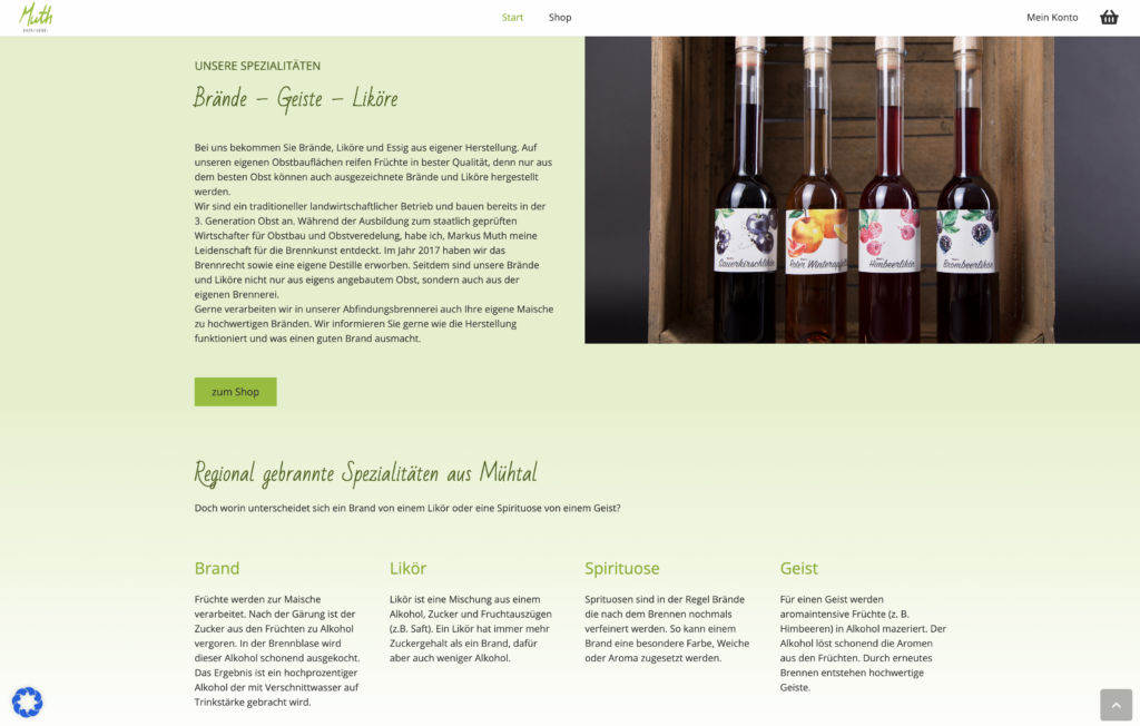 Screenshot der Webseite Brennerei Muth mit einem Bild von 4 Likören sowie Texten zur Brennerei und der Differenzierung von Brand, Likör, Spirituose und Geiste